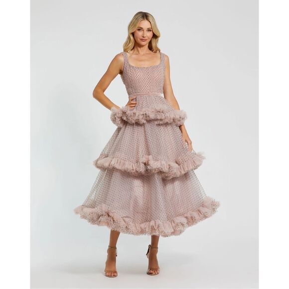 NWT MAC DUGGAL Pink Sleeveless Dot Net Ruffle Dress Size US 8 $698 - Picture 1 of 12